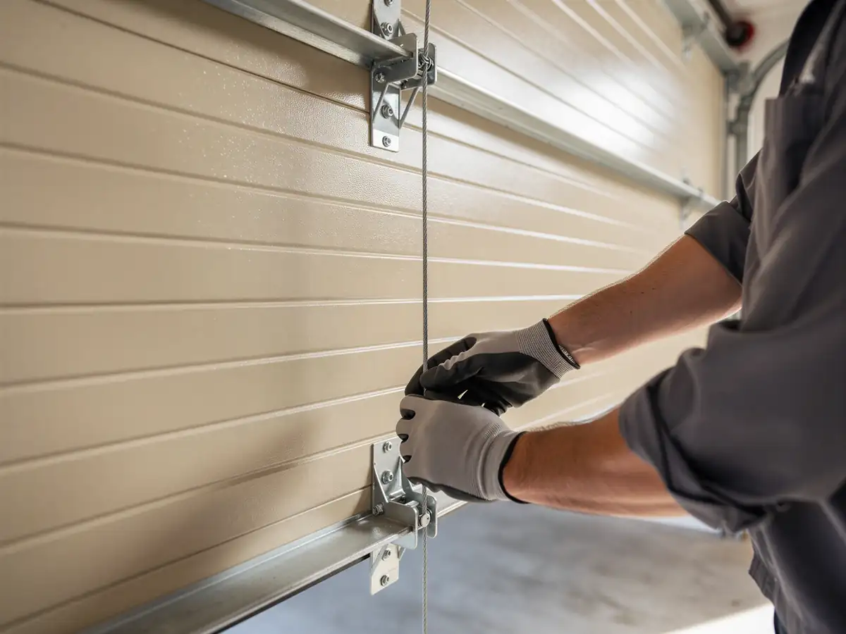 A technician wearing gloves adjusts the cable on a beige garage door.