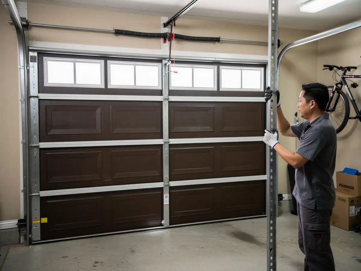 A technician in gloves holds a metal garage door track next to a brown garage door.