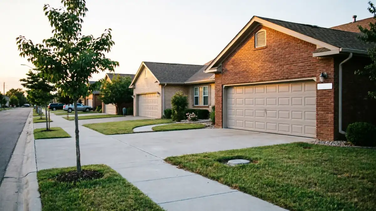 The house has a beige garage door and a brick exterior.