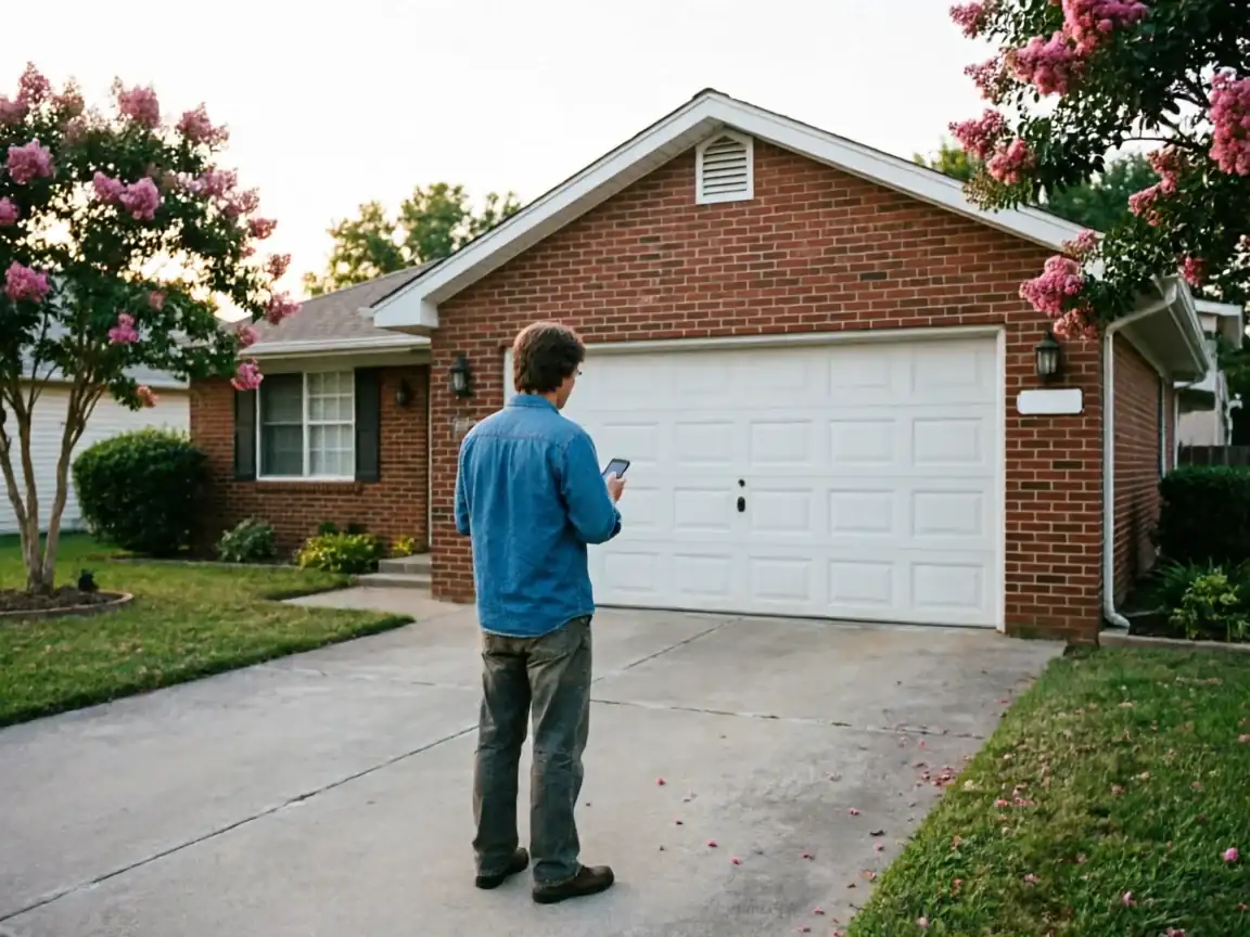 A man stands in a driveway looking at his phone in front of a brick house with a white garage door.