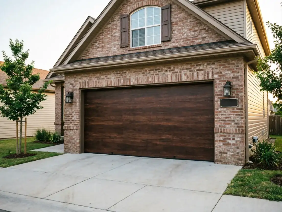 A brown wooden garage door on a brick house with a concrete driveway.