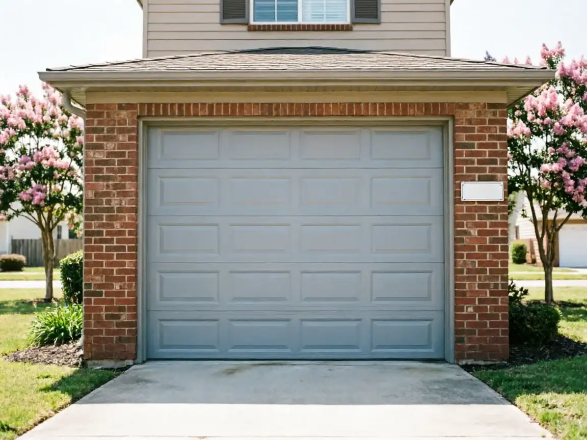 A gray garage door is on a brick house with pink flowering trees.