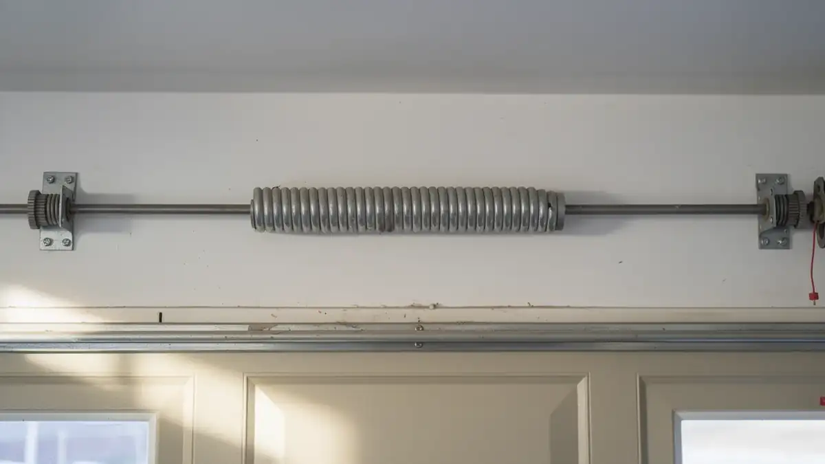 A torsion spring is mounted above a white garage door.